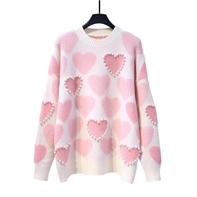 YTW Women's Fine Fashion Autumn Winter Stylish Pink Beaded Heart Shape Sweater