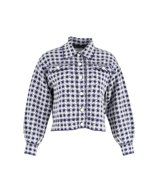 Sandro Jayce Checked Tweed Cropped Jacket in Blue and White Cotton