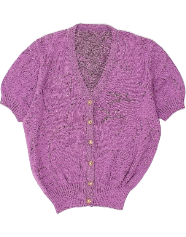 VINTAGE Womens Short Sleeve Cardigan Sweater UK 14 Medium Purple Acrylic